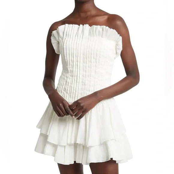 AJE Utopia Strapless Mini Dress with Drop and Waist Peplum Ruffles in White M - Picture 2 of 11